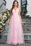 Sparkly Pink A Line V-Neck Formal Dress