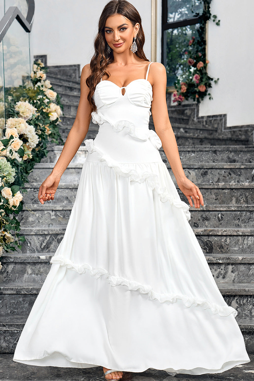 White A Line Sweetheart Spaghetti Straps Long Formal Dress