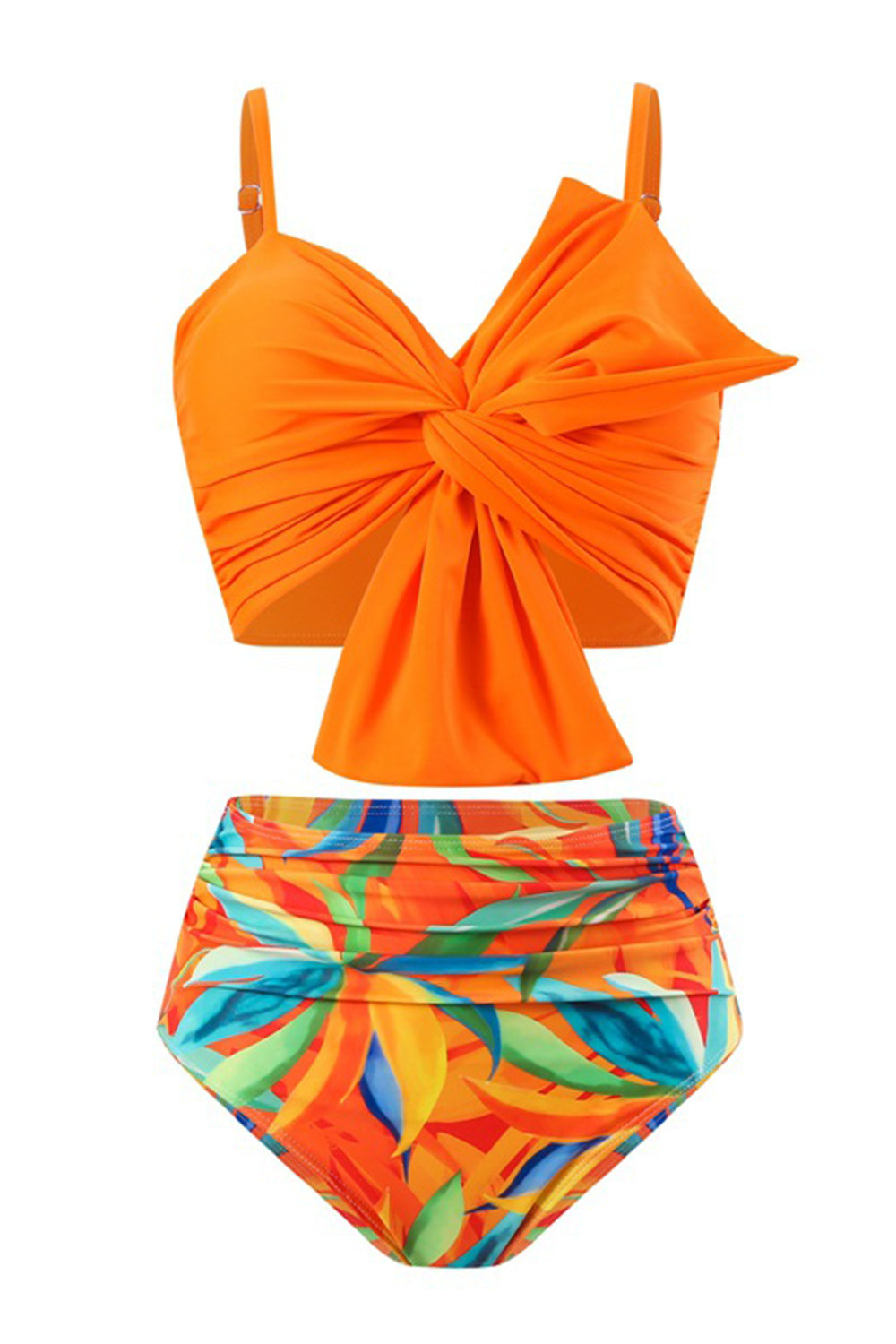Orange Beach Vacation Tropical Plant Print Front Knot Bikini Set