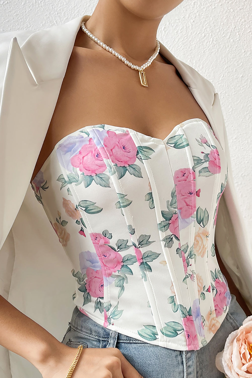 Pink Flower Printed Strapless Corset Top