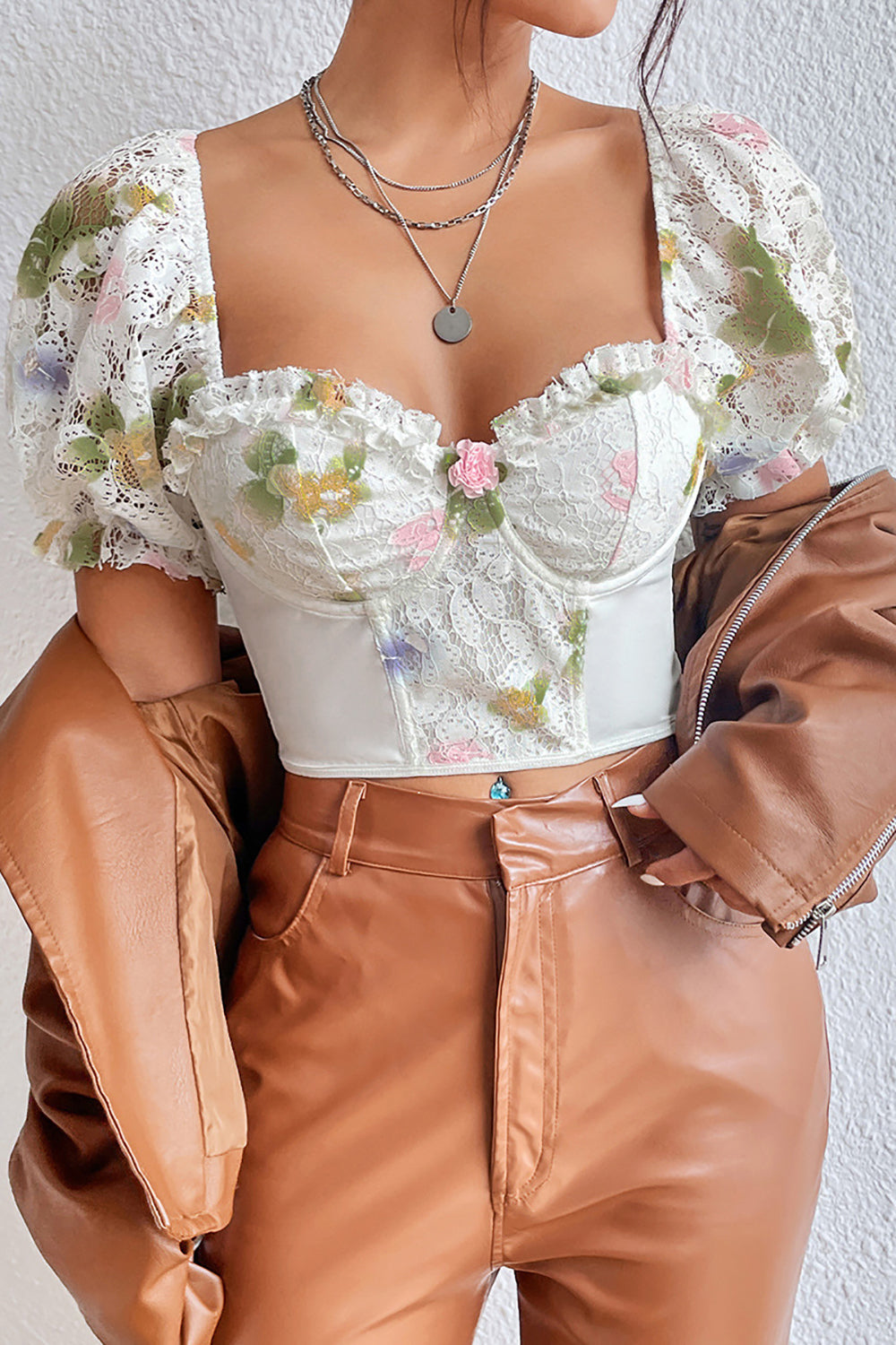 White Printed Corset Top with Puff Sleeves