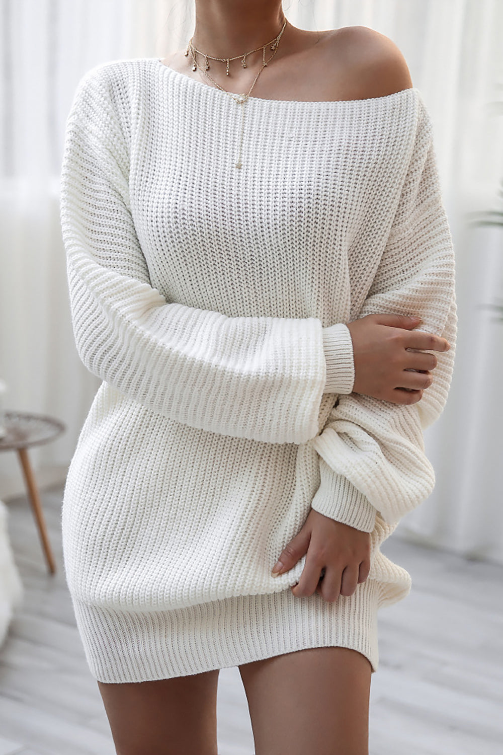 White Off The Shoulder Knitting Long Sleeve Sweater