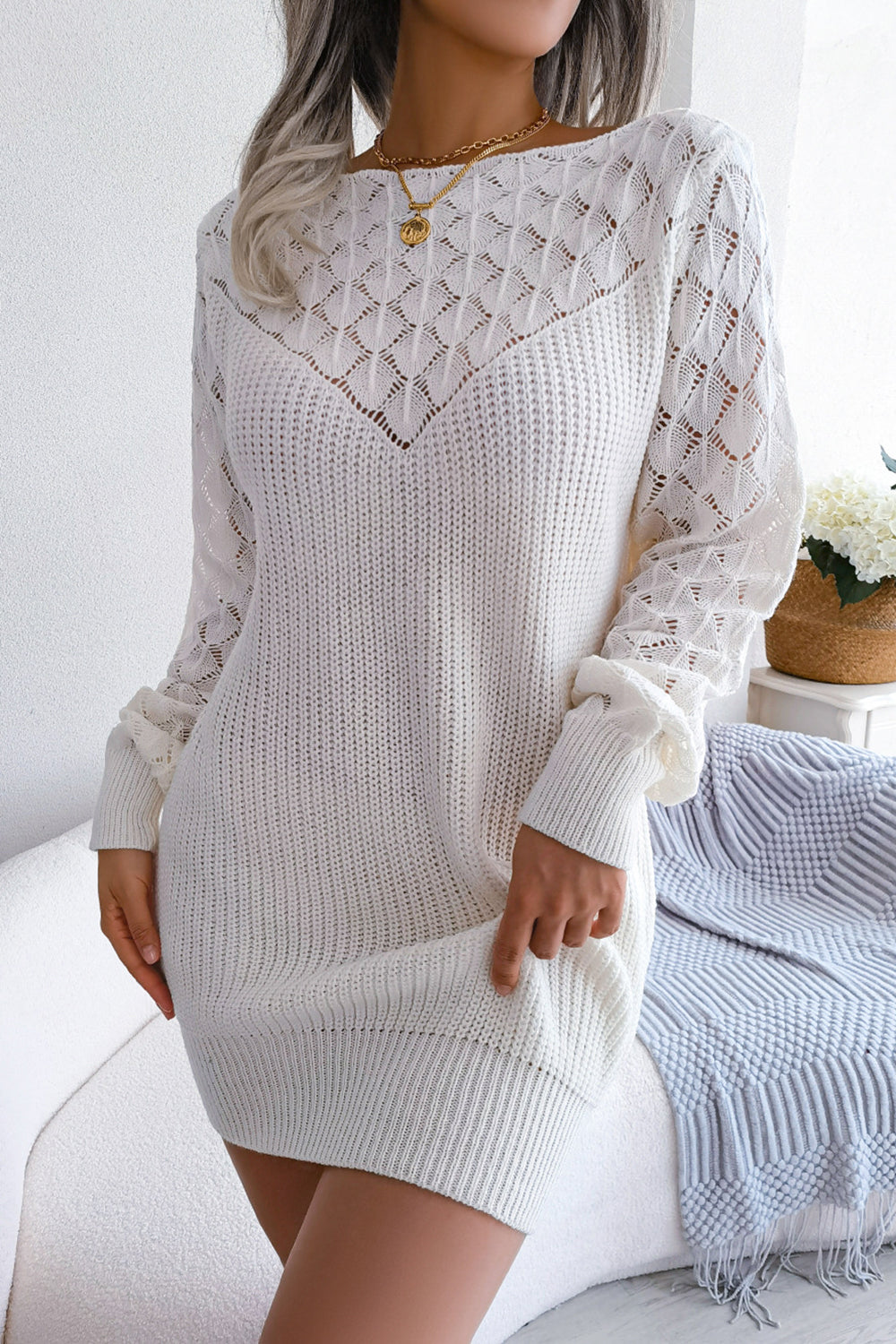 Blush Hollow Knit Long Sleeves Sweater with Belt