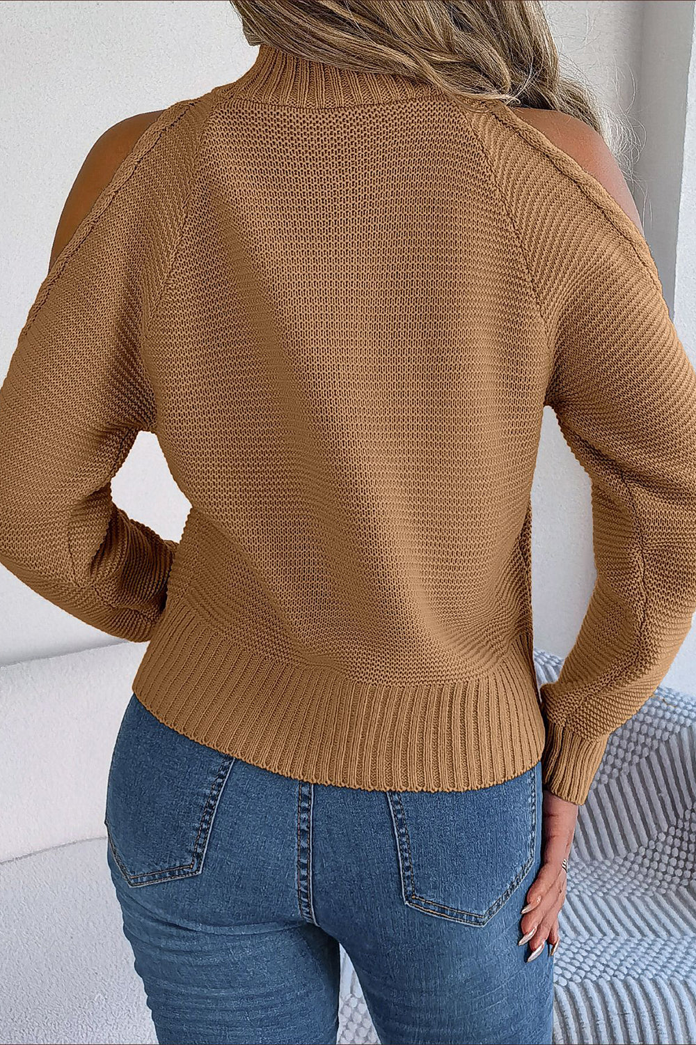 Brown Cold Shoulder Long Sleeves Knit High Neck Sweater