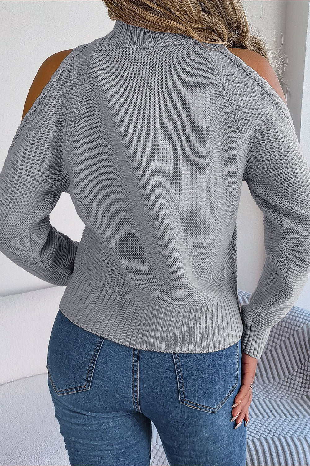 Brown Cold Shoulder Long Sleeves Knit High Neck Sweater