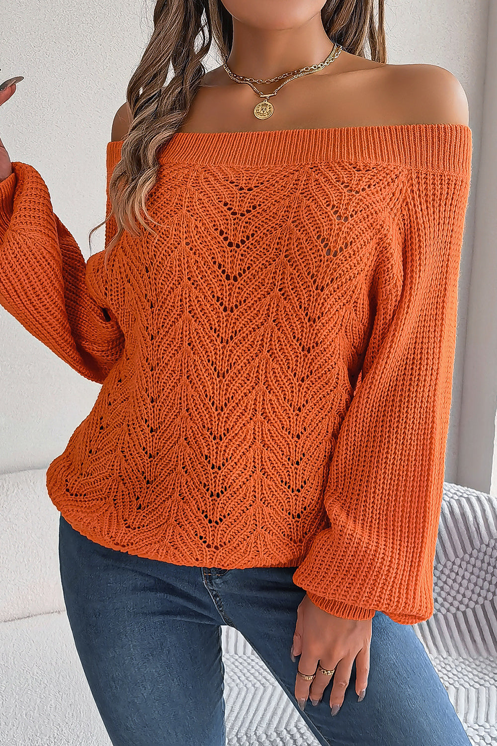 Fuchsia Off the Shoulder Long Sleeves Knit Sweater