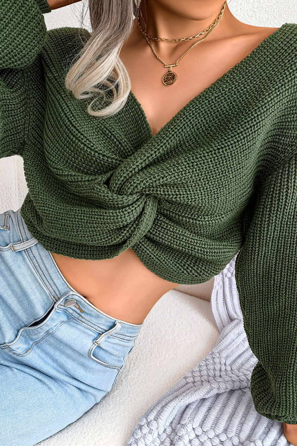 Army Green Long Sleeves Twsit Knot Cropped Knit Sweater Top