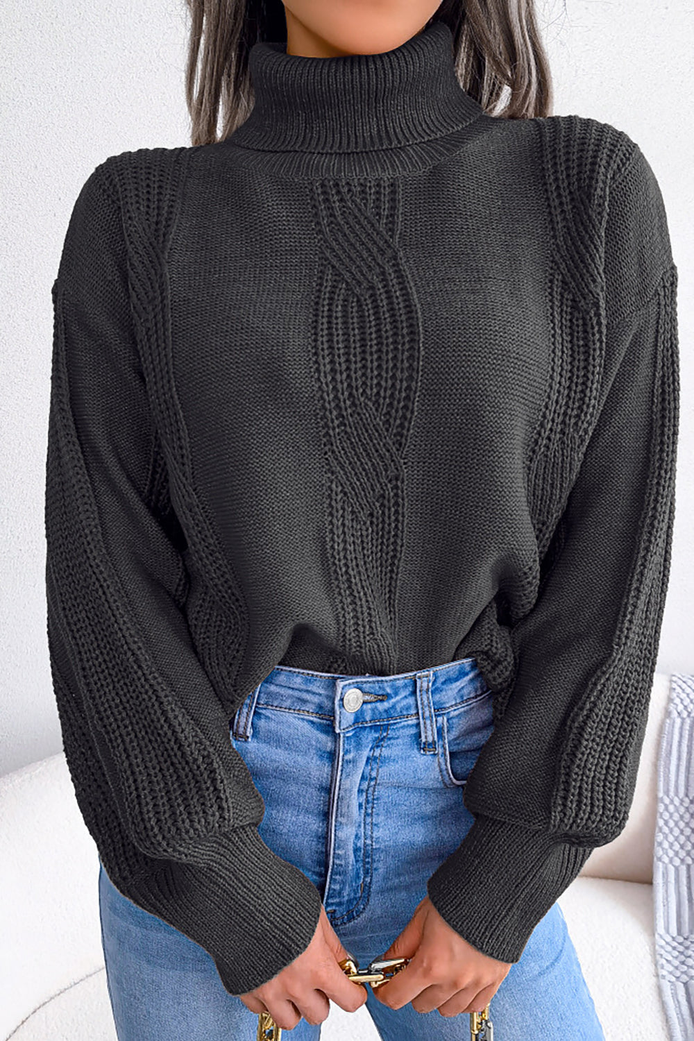 Black High Neck Long Sleeves Knit Sweater Top