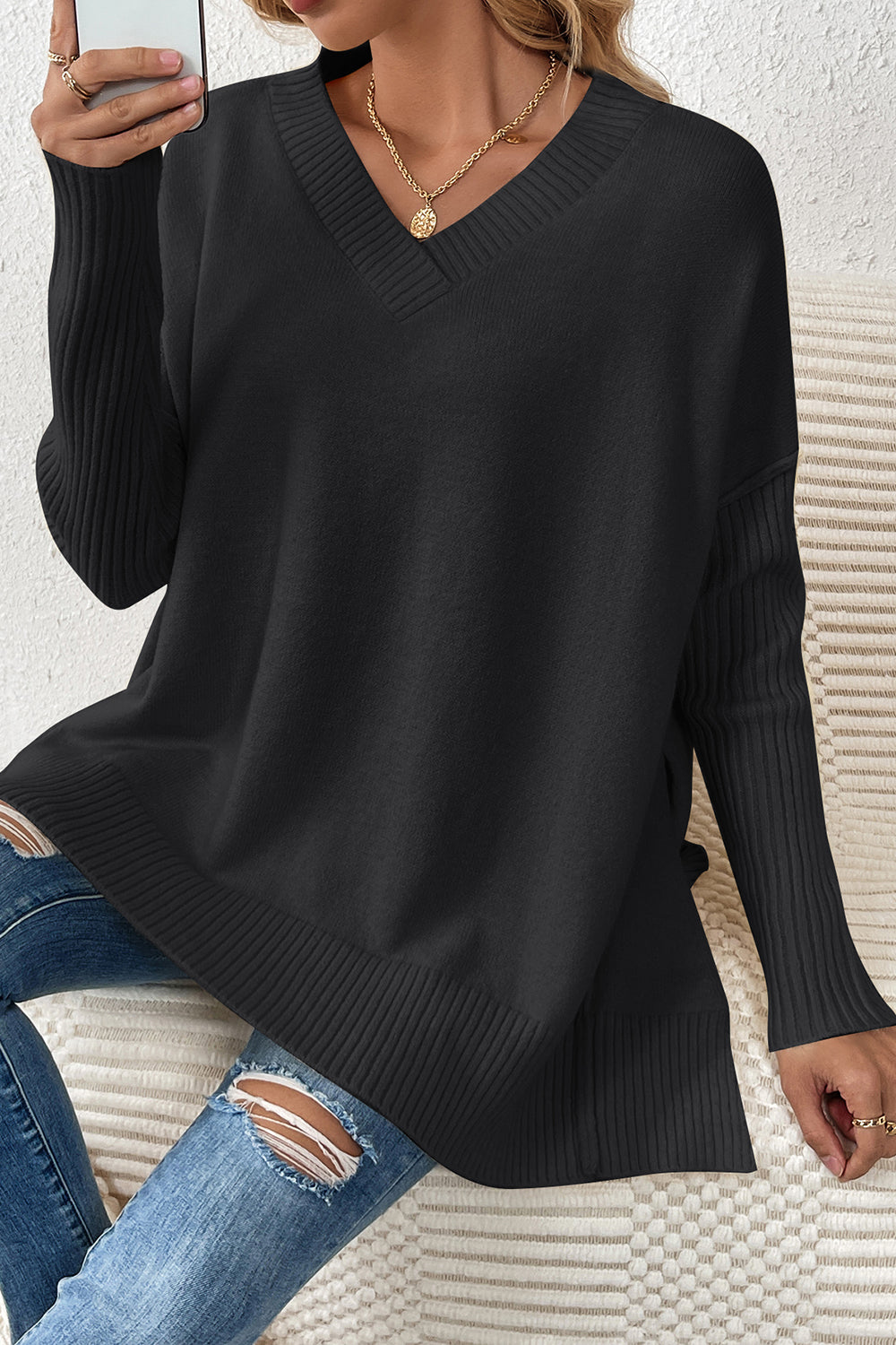 Black V Neck Long Sleeves Sweater