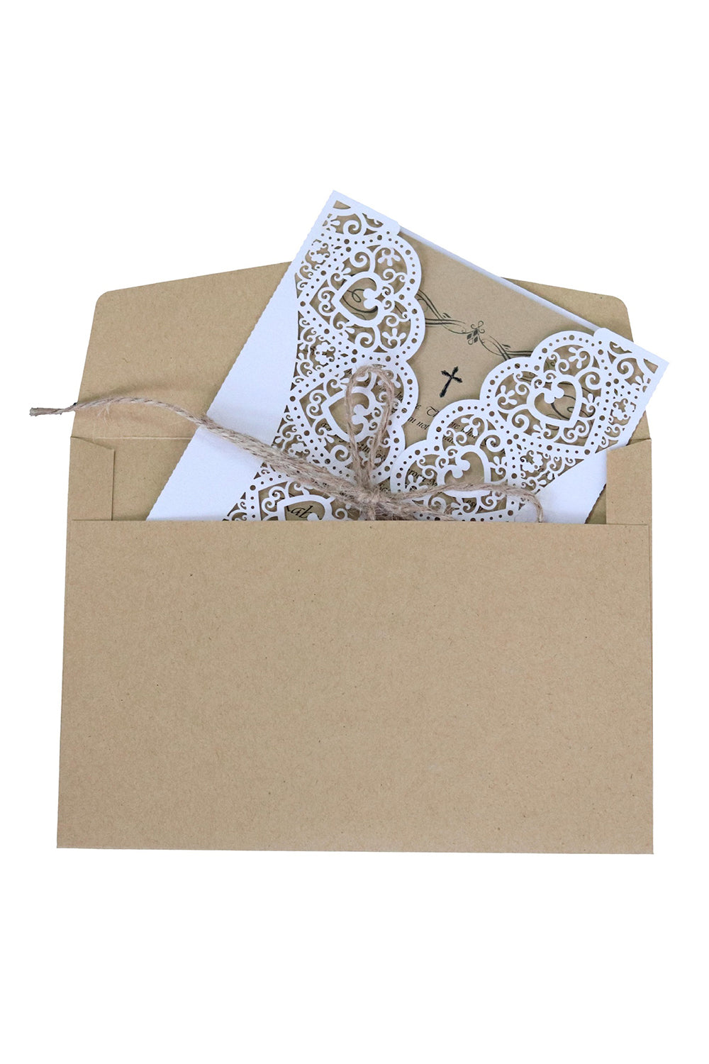 Kahki Heart Shape Wedding Invitation with Hemp Rope