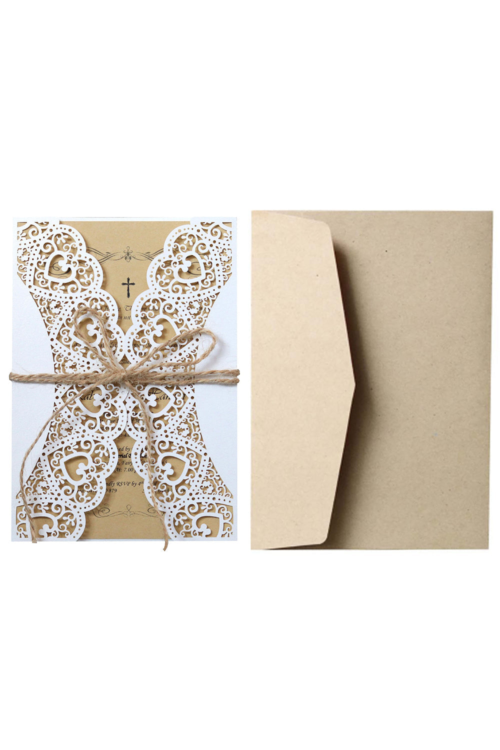 Kahki Heart Shape Wedding Invitation with Hemp Rope