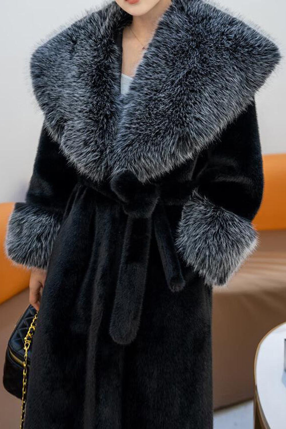 Fluffy Black Faux Fur Long Overcoat with Belt