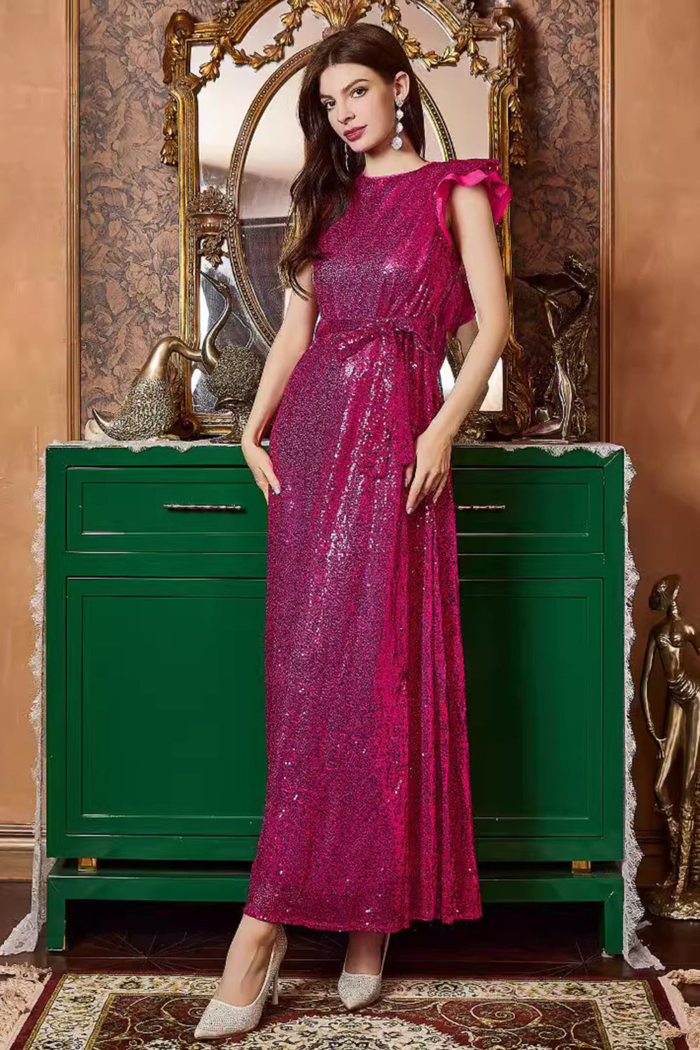 Fuchsia Ruffle Sleeves Long Formal Dress with Bow