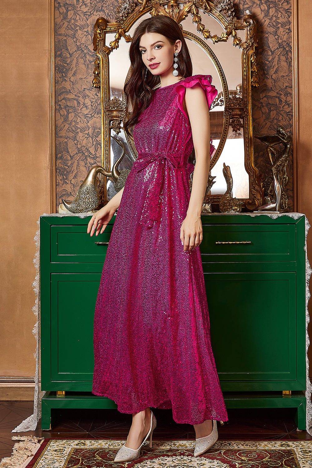 Fuchsia Ruffle Sleeves Long Formal Dress with Bow