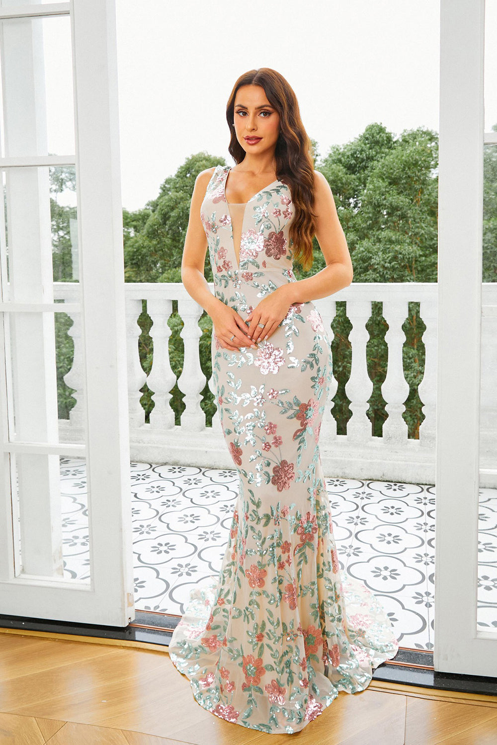 Sparkly Apricot Mermaid Floral Formal Dress with Sequins