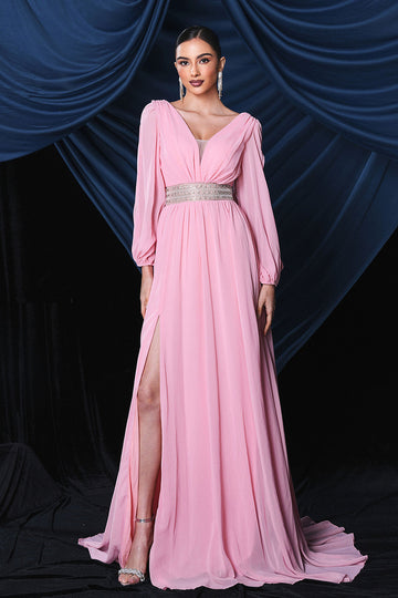 Pink Chiffon Long Sleeves Formal Dress With Slit
