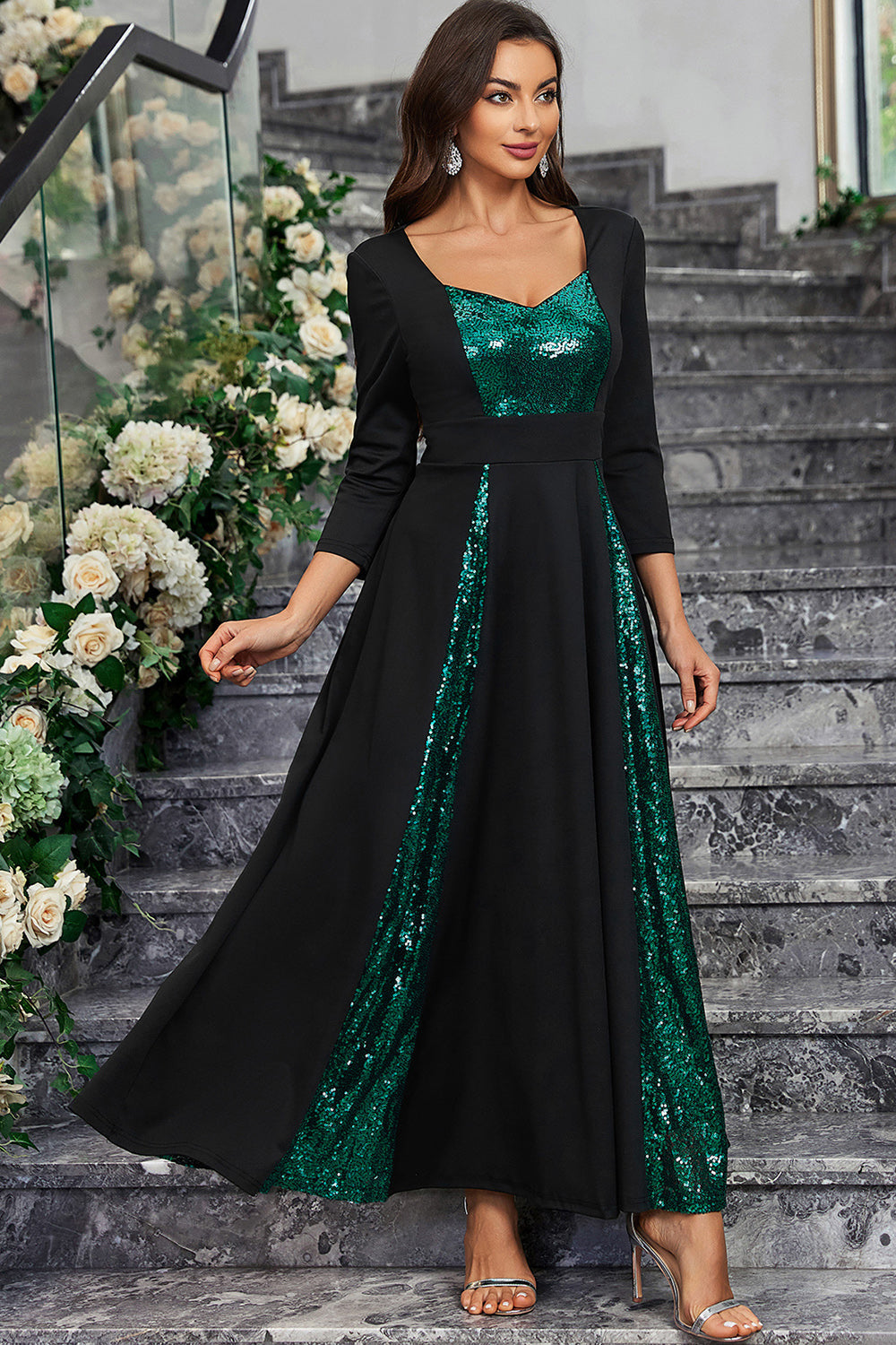 Sparkly Black Green A Line Sequined Formal Dress With Long Sleeves
