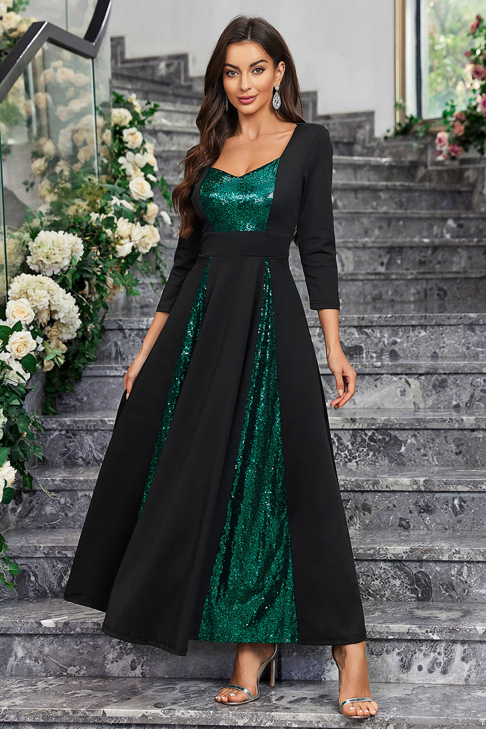 Sparkly Black Green A Line Sequined Formal Dress With Long Sleeves