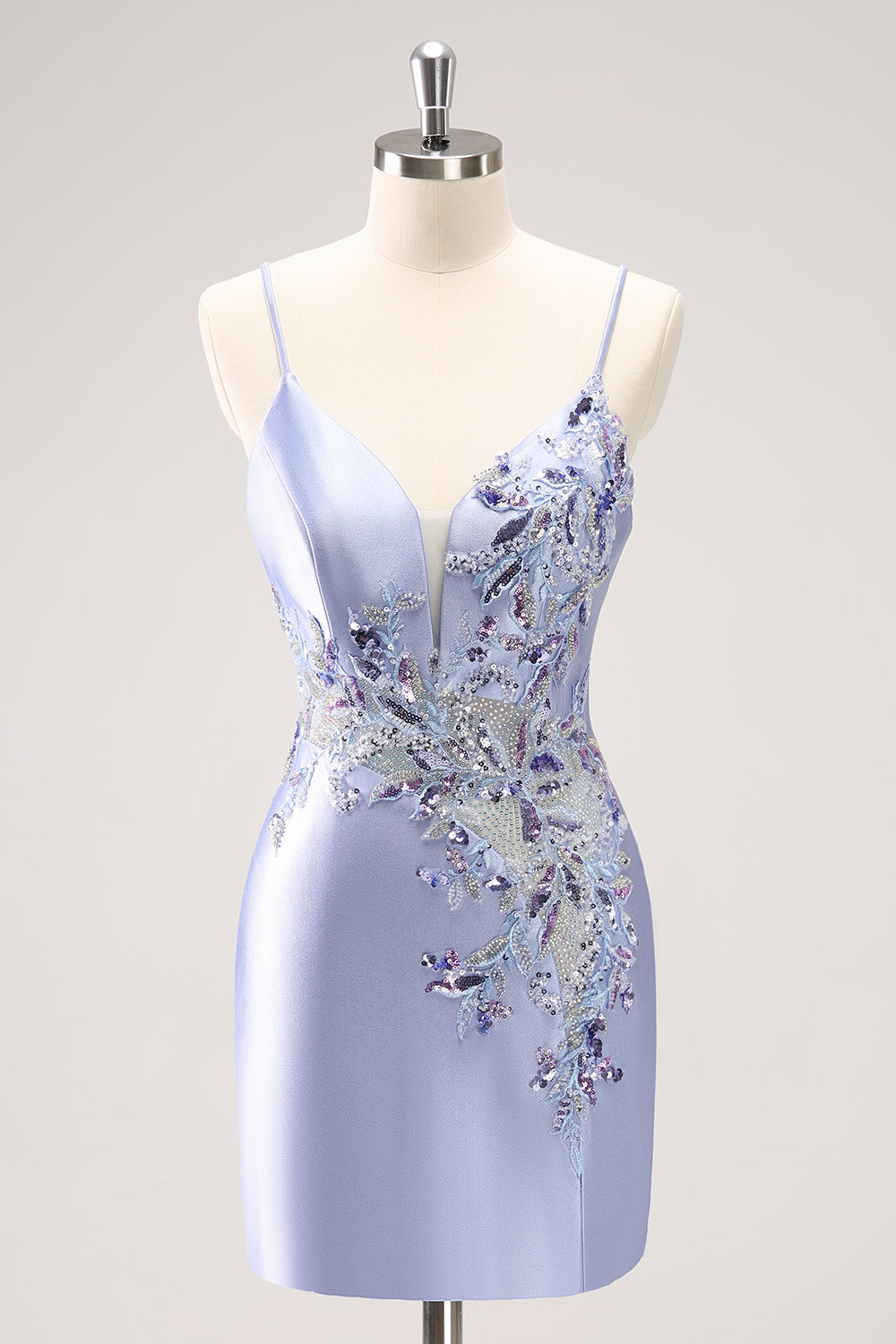 Sparkly Blue Sequined Floral Tight Short Cockrail Dress with Beading