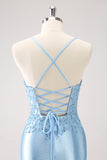 Blue Spaghetti Straps Tight Short Cocktail Dress with Appliques