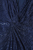 Navy V-neck Sheath Sequins Midi Cocktail Dress with Slit