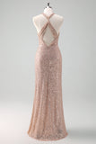 Sparkly Halter Blush Mermaid Backless Long Formal Dress