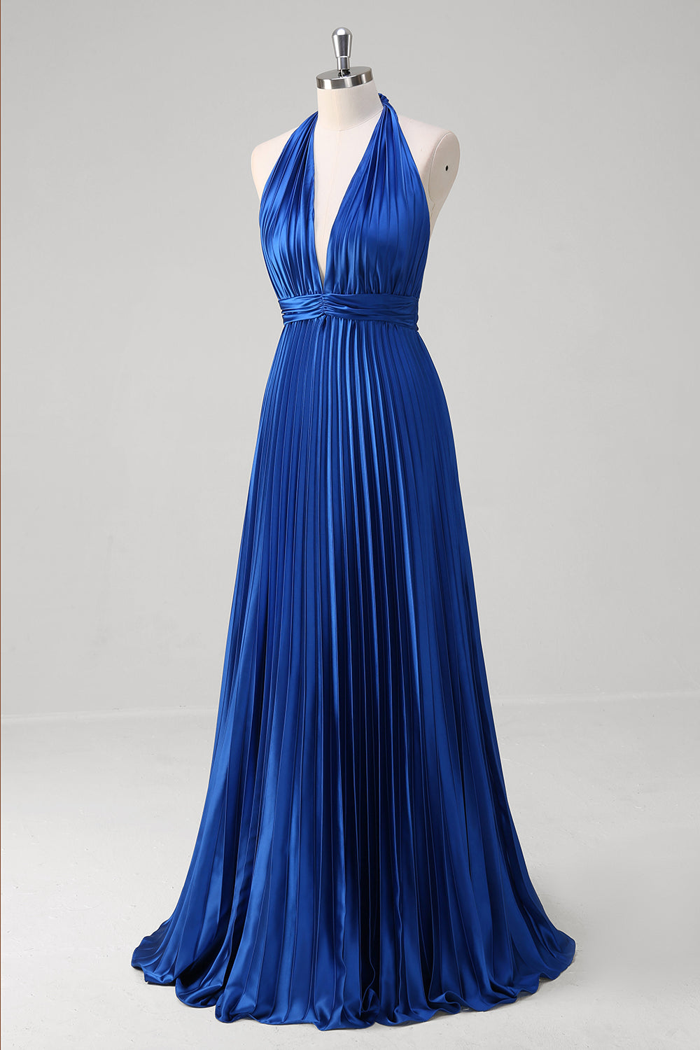 Royal Blue A Line Halter Pleated Long Formal Dress