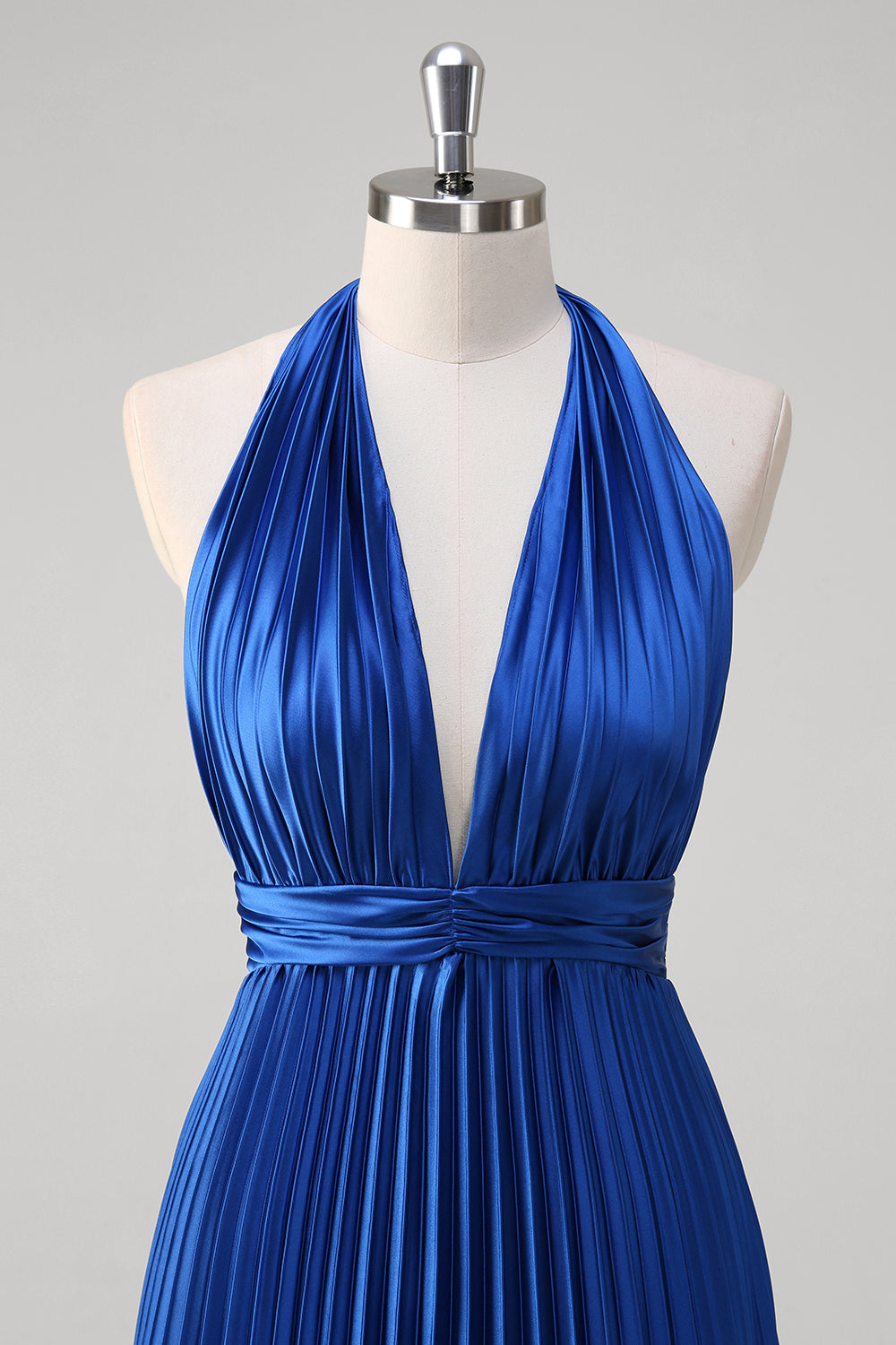 Royal Blue A Line Halter Pleated Long Formal Dress