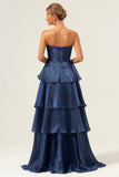 Dark Navy A Line Strapless Tiered Satin Long Formal Dress