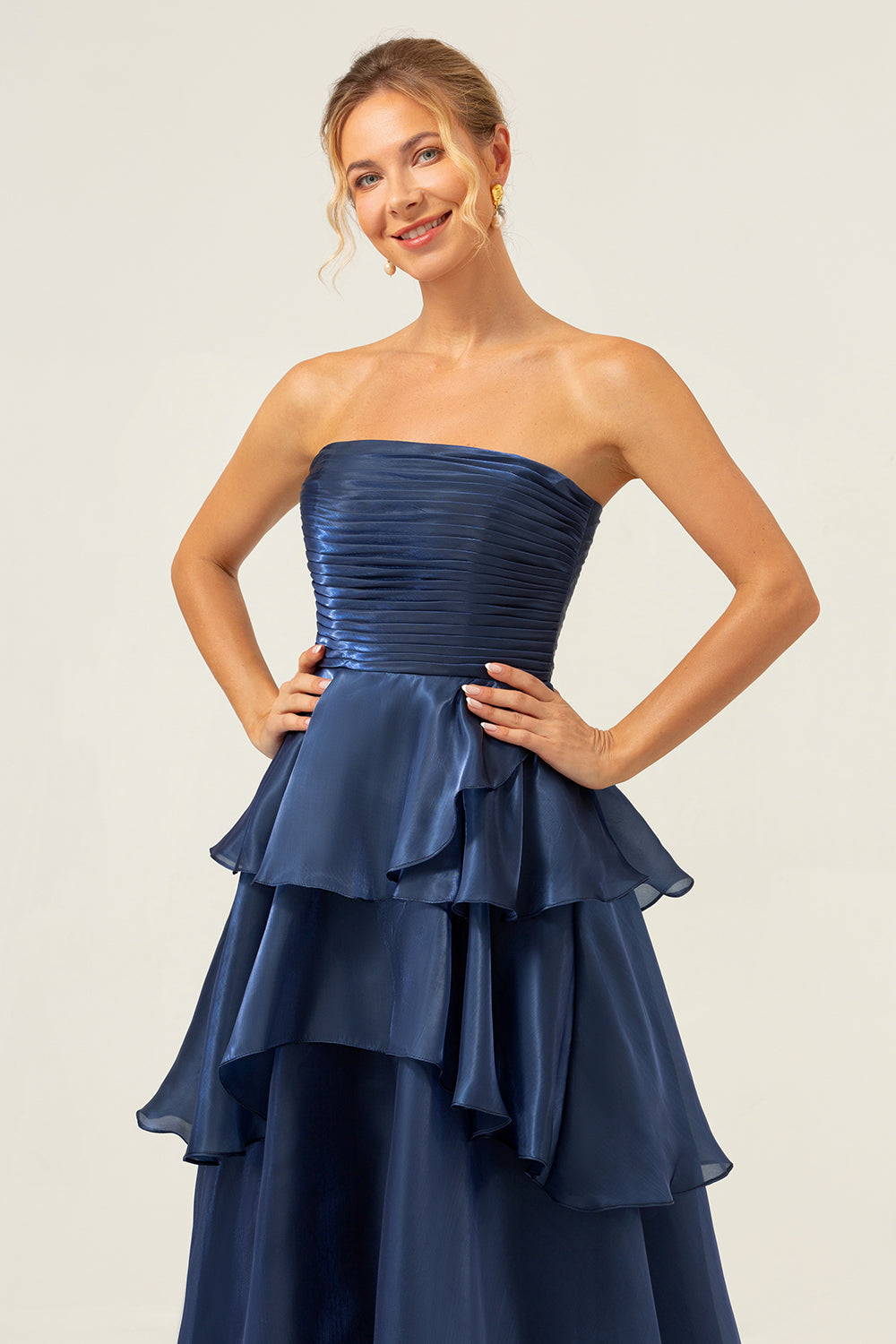 Dark Navy A Line Strapless Tiered Satin Long Formal Dress