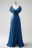 A Line Fuchsia Chiffon Long Bridesmaid Dress with Slit