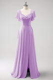 A Line Fuchsia Chiffon Long Bridesmaid Dress with Slit