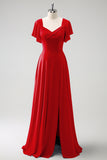 A Line Fuchsia Chiffon Long Bridesmaid Dress with Slit