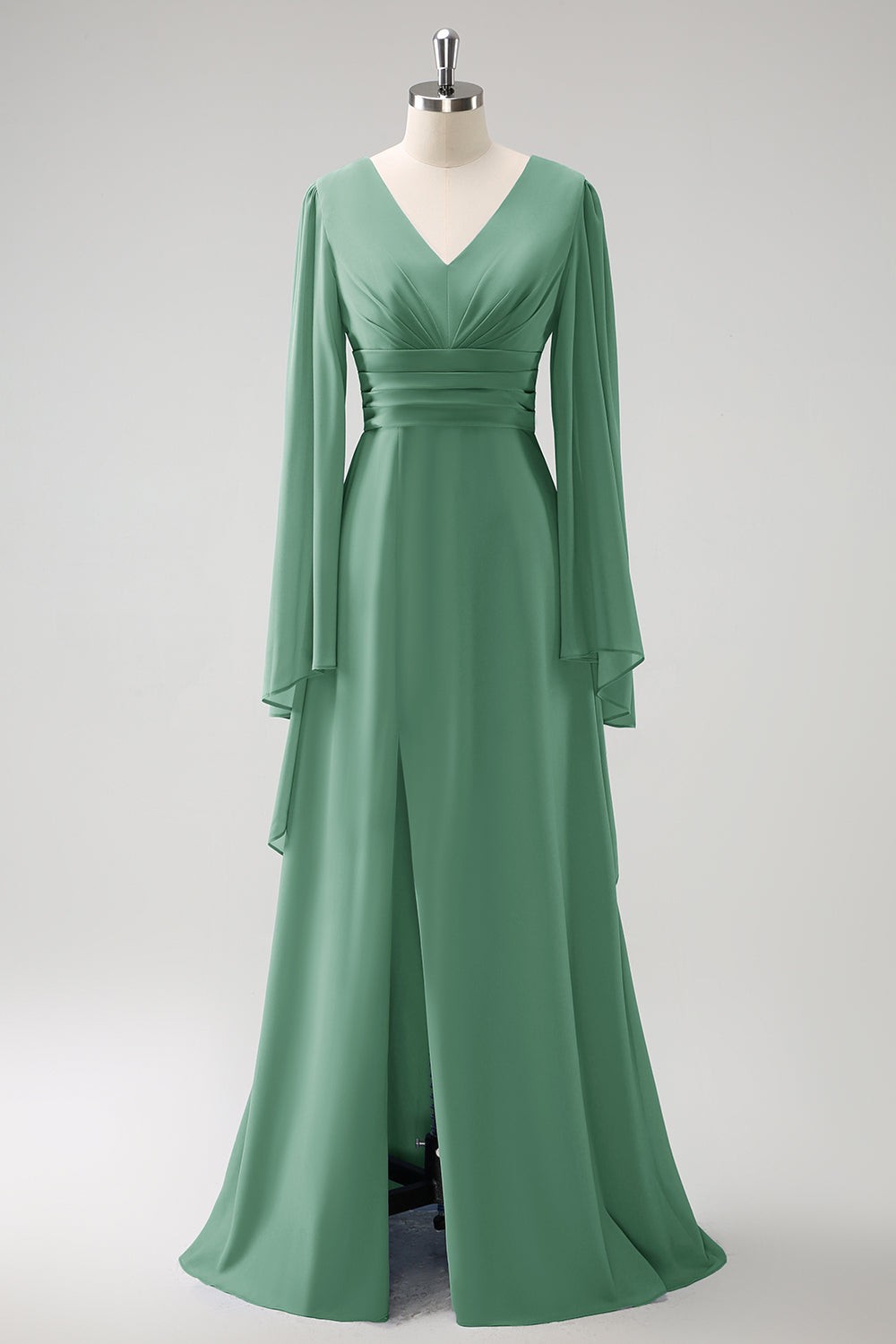 A Line Lilac Long Sleeves Chiffon Bridesmaid Dress with Slit