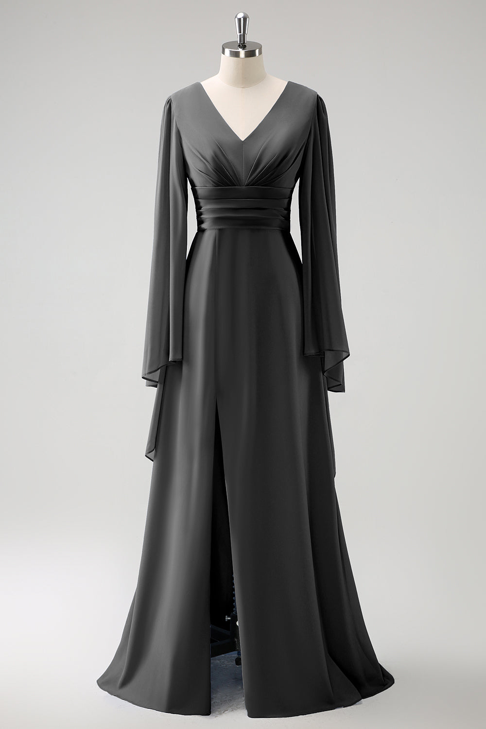 Grey Blue A Line Long Sleeves Chiffon Bridesmaid Dress with Slit