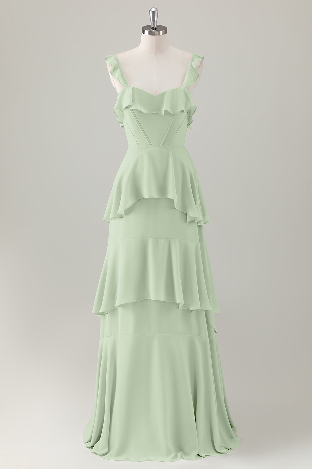Light Green A-Line Ruffle Tiered Chiffon Corset Long Bridesmaid Dress