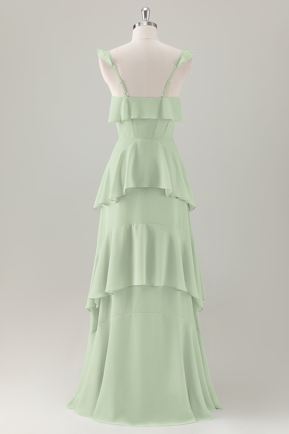 Light Green A-Line Ruffle Tiered Chiffon Corset Long Bridesmaid Dress