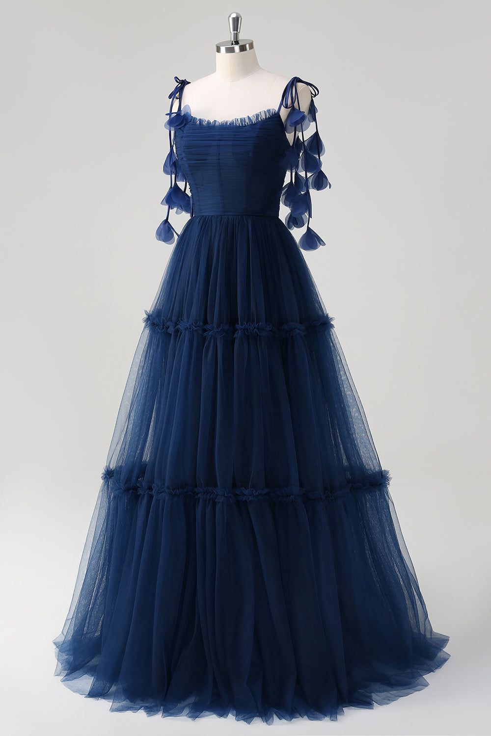 Navy A-Line Spaghetti Straps Flowers Corset Ruffles Tulle Long Bridesmaid Dress