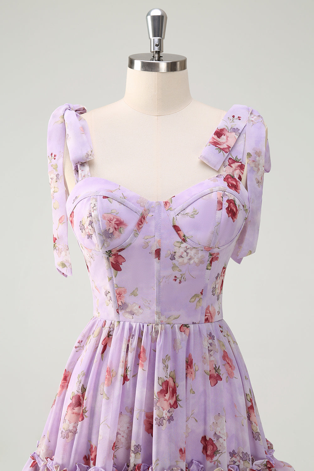 Grey Purple A Line Ruffled Print Floral Bridesmaid Dress