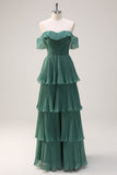 Candy Pink A Line Off the Shoulder Tiered  Pleated Long Bridesmaid Dress with Slit