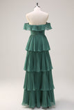 Candy Pink A Line Off the Shoulder Tiered  Pleated Long Bridesmaid Dress with Slit
