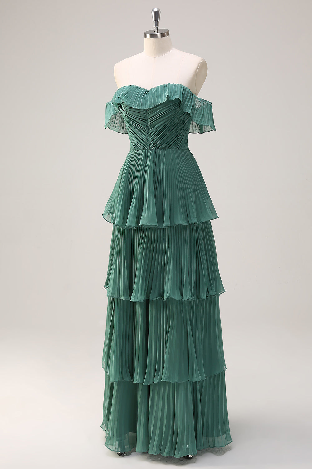 Candy Pink A Line Off the Shoulder Tiered  Pleated Long Bridesmaid Dress with Slit