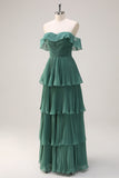 Candy Pink A Line Off the Shoulder Tiered  Pleated Long Bridesmaid Dress with Slit