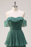 Candy Pink A Line Off the Shoulder Tiered  Pleated Long Bridesmaid Dress with Slit