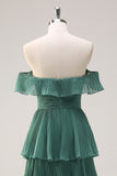 Candy Pink A Line Off the Shoulder Tiered  Pleated Long Bridesmaid Dress with Slit