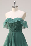 Candy Pink A Line Off the Shoulder Tiered  Pleated Long Bridesmaid Dress with Slit