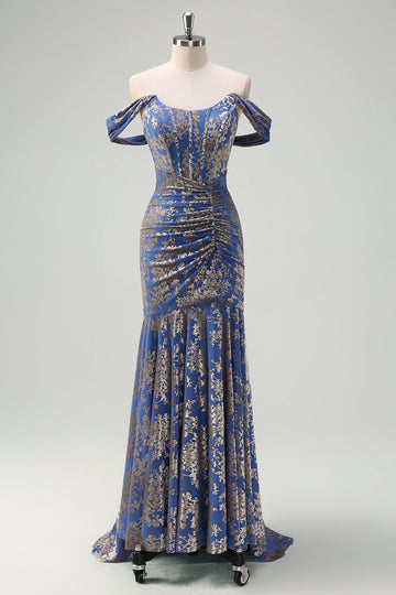 Corset Grey Blue Mermaid Off the Shoulder Ruched Long Bridesmaid Dress