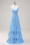 Blue A Line Spaghetti Straps V Neck Tiered  Long Bridesmaid Dress