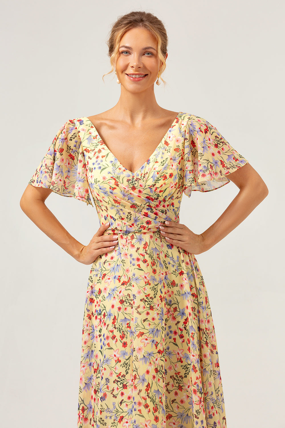 Yellow Flower Printed A-Line V-neck Short Sleeves Long Formal Dress