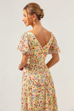 Yellow Flower Printed A-Line V-neck Short Sleeves Long Formal Dress
